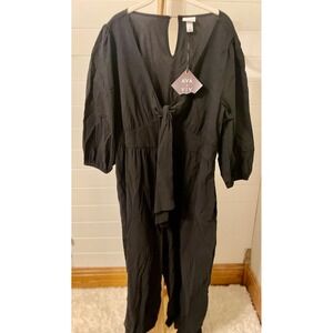 AVA & VIV Black Tie Front Wide Leg Jumpsuit Plus Size 1X Balloon Sleeve